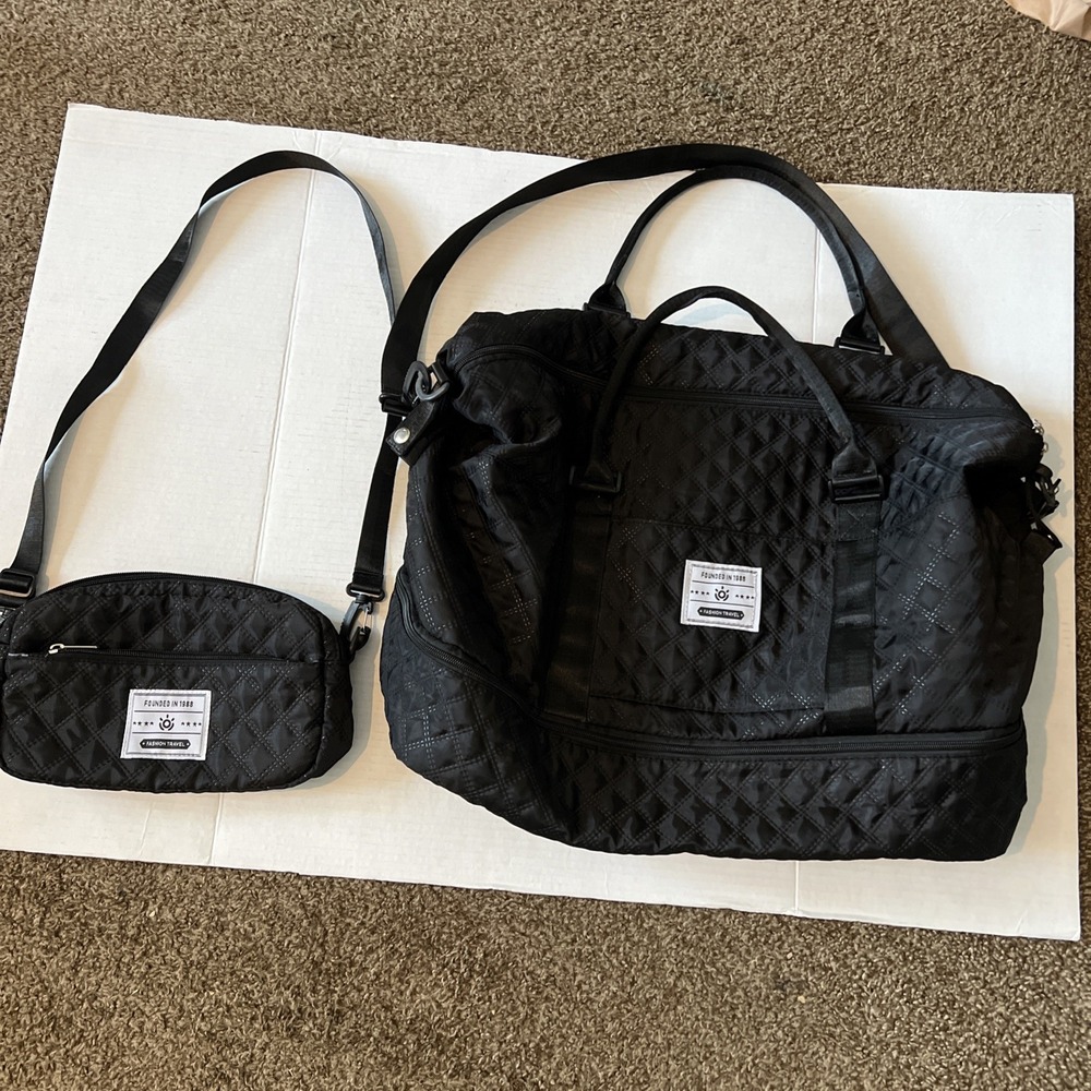 2 PC FASHION TRAVEL Bags 10 & 20" black folding Quilted Travel Duffel Bags